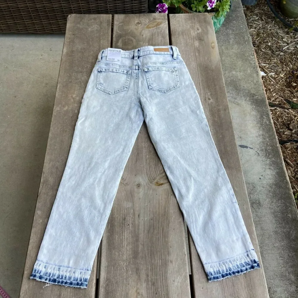 Justice Girls Jeans Sz 14S High Rise Straight Acid Washed Distressed Ripped‎ NEW